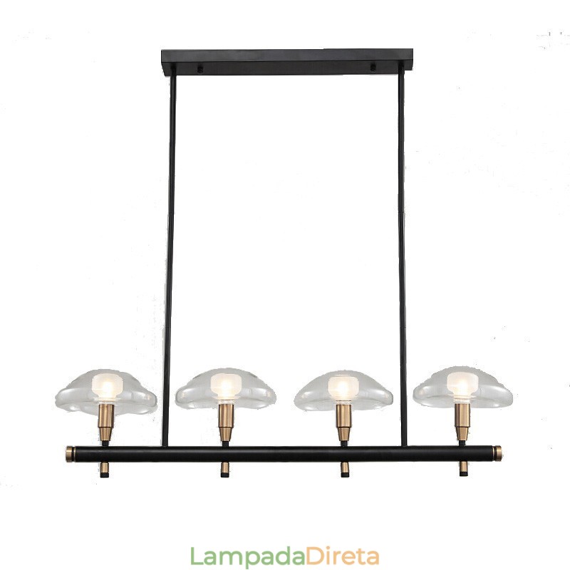 Lustre de 4 luzes lineares com acabamento pintado galvanizado e cúpulas de vidro