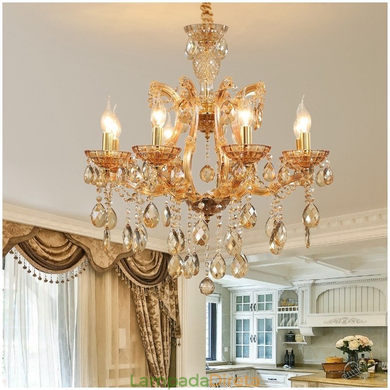 Lustre de cristal âmbar com 8 velas