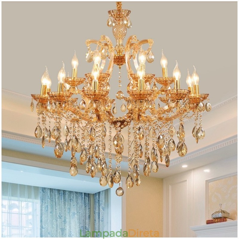 Lustre de cristal âmbar com 18 (12+6) luzes