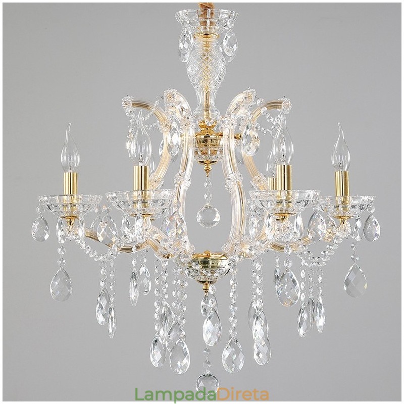 Lustre de cristal dourado com 6 velas