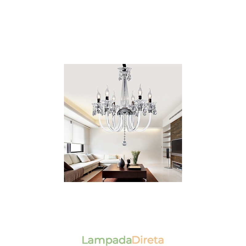 Lustre de Cristal Elegante com 6 Luzes em Bulbo de Vela
