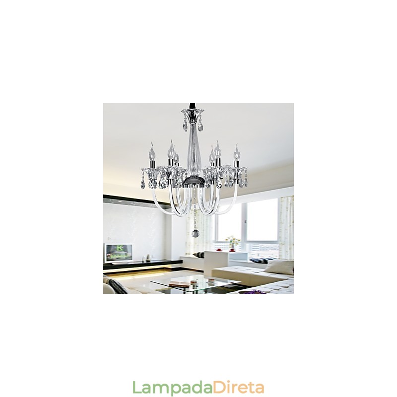 Lustre de Cristal Elegante com 6 Luzes em Bulbo de Vela