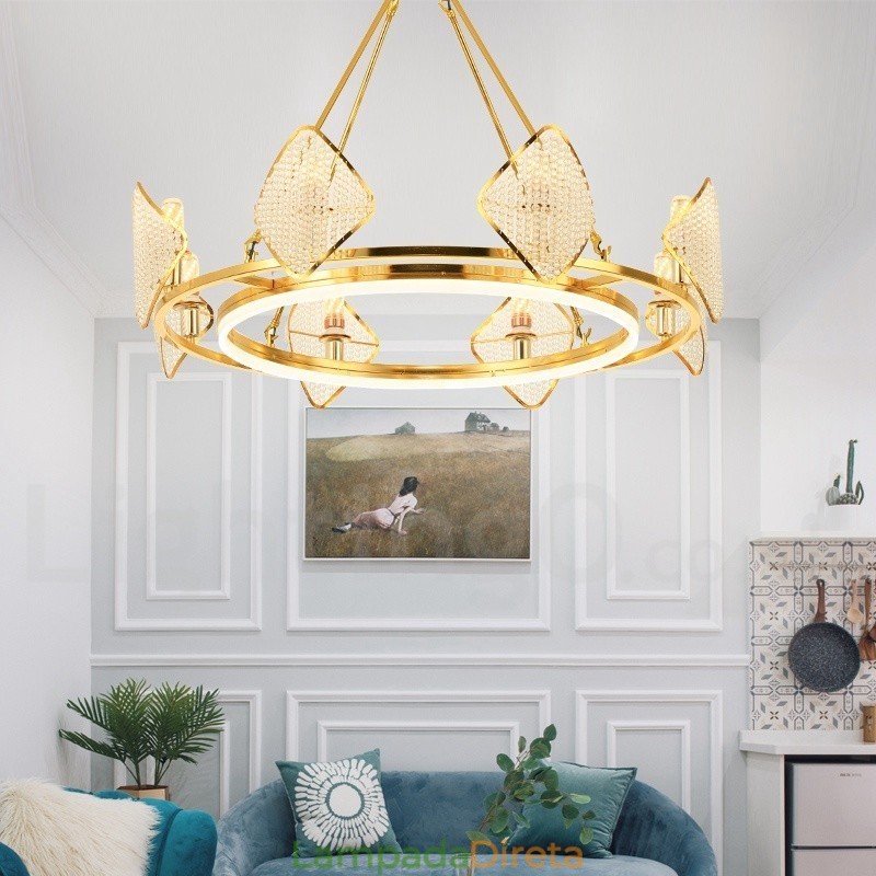 Lustre de cristal K9 redondo de luxo pós-moderno dourado com abajur de acrílico para salão de exposições