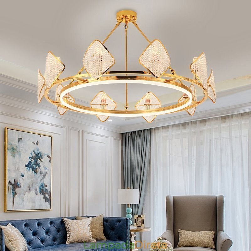 Lustre de cristal K9 redondo de luxo pós-moderno dourado com abajur de acrílico para salão de exposições