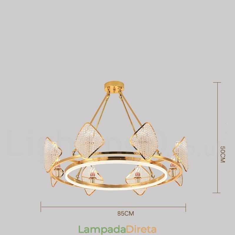 Lustre de cristal K9 redondo de luxo pós-moderno dourado com abajur de acrílico para salão de exposições