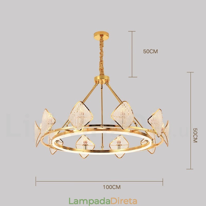 Lustre de cristal K9 redondo de luxo pós-moderno dourado com abajur de acrílico para salão de exposições