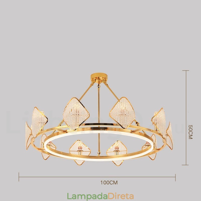 Lustre de cristal K9 redondo de luxo pós-moderno dourado com abajur de acrílico para salão de exposições