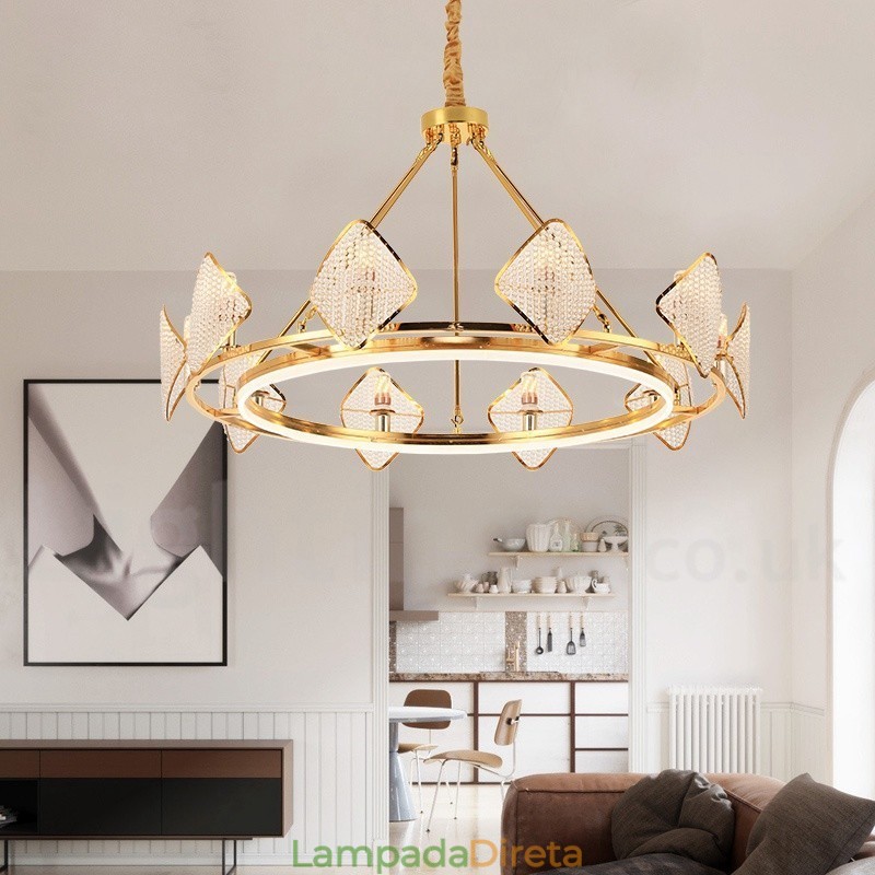 Lustre de cristal K9 redondo de luxo pós-moderno dourado com abajur de acrílico para salão de exposições