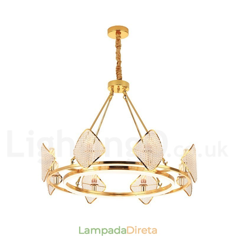 Lustre de cristal K9 redondo de luxo pós-moderno dourado com abajur de acrílico para salão de exposições