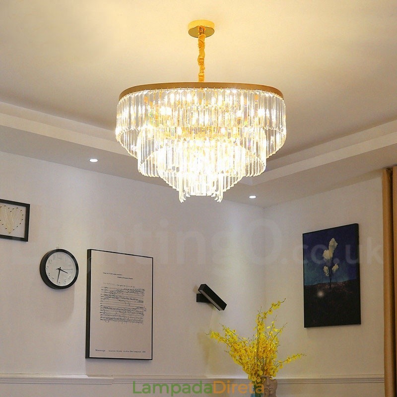 Lustre de pingente de cristal K9 redondo de luxo pós-moderno dourado para salão de exposições