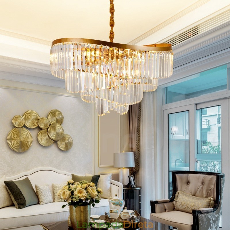 Lustre de pingente de cristal K9 redondo de luxo pós-moderno dourado para salão de exposições