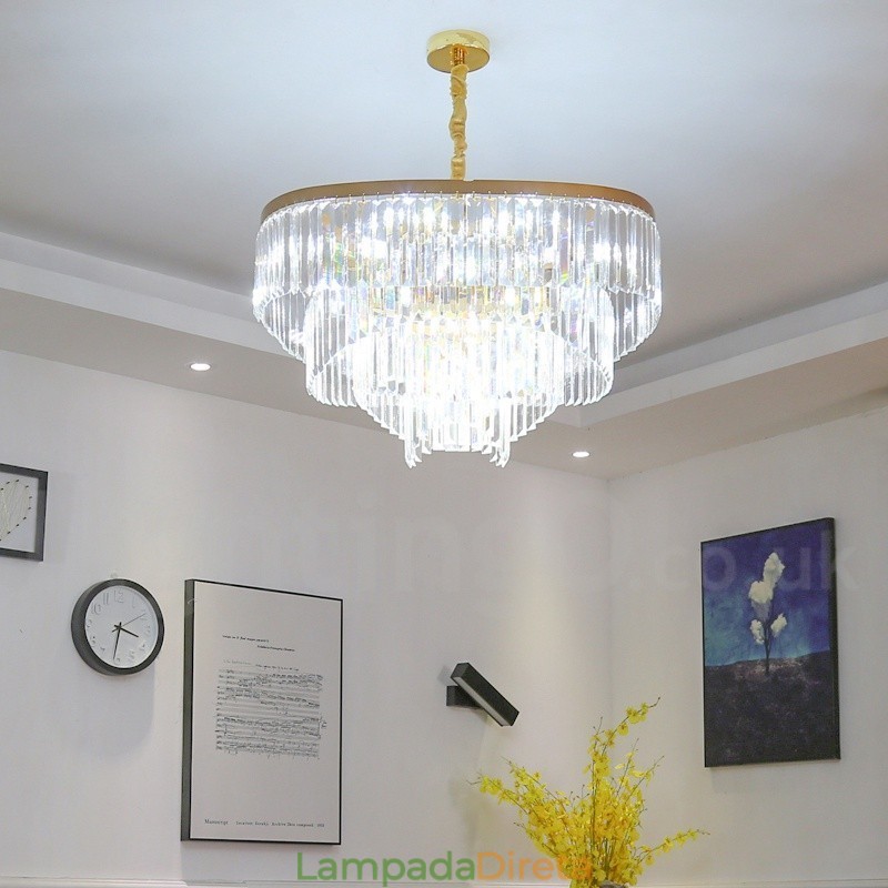 Lustre de pingente de cristal K9 redondo de luxo pós-moderno dourado para salão de exposições