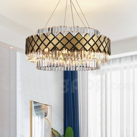 Lustre moderno de luxo dourado e preto redondo com pingente de cristal K9 para salão de exposições Lustre moderno de luxo dourado e preto redondo com pingente de cristal K9 para salão de exposições