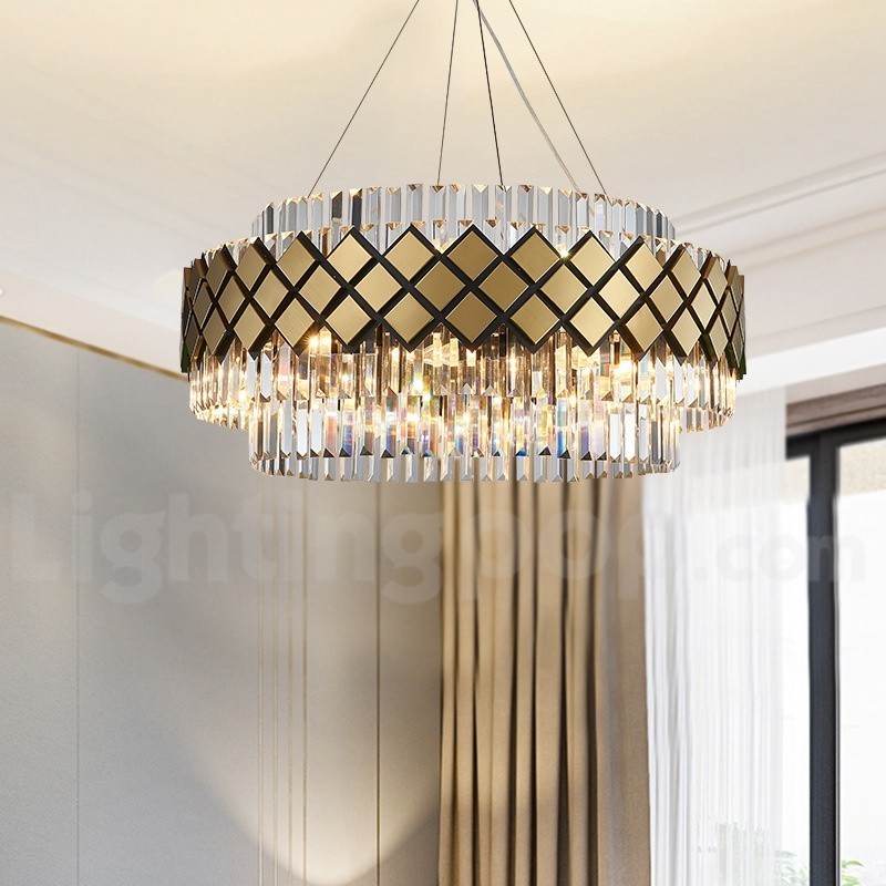 Lustre moderno de luxo dourado e preto redondo com pingente de cristal K9 para salão de exposições