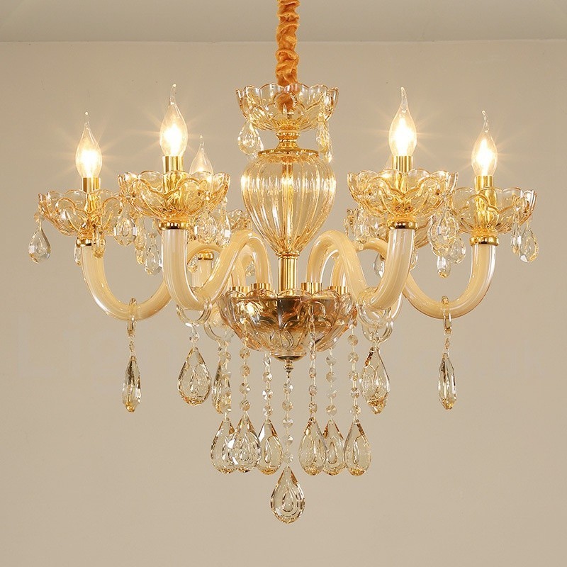 Lustre de cristal com vela de 6 luzes cor champanhe