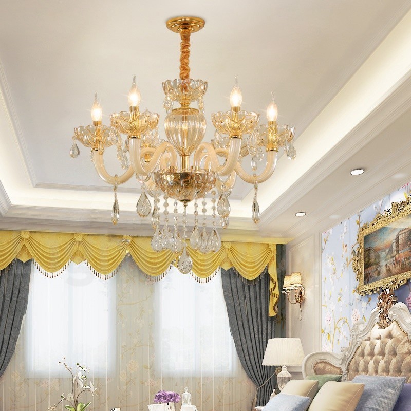 Lustre de cristal com vela de 6 luzes cor champanhe