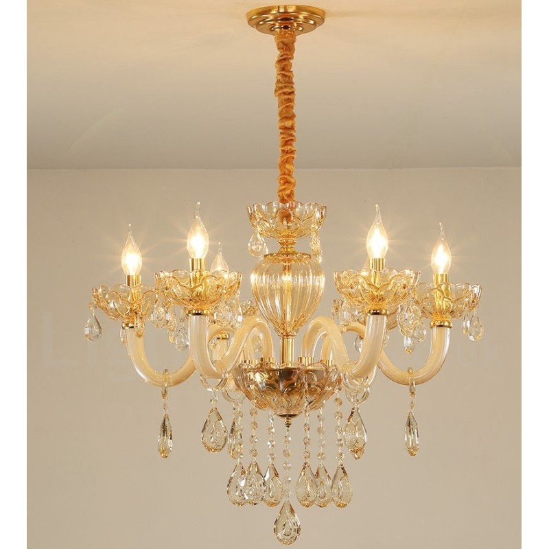 Lustre de cristal com vela de 6 luzes cor champanhe