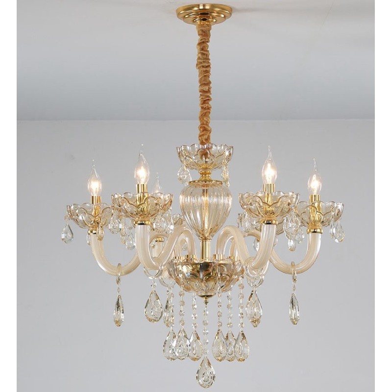 Lustre de cristal com vela de 6 luzes cor champanhe