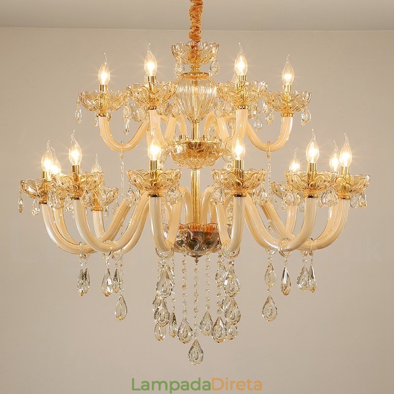 Lustre de cristal elegante com 18 (12+6) luzes cor champanhe