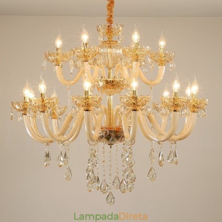 Lustre de cristal elegante com 18 (12+6) luzes cor champanhe Lustre de cristal elegante com 18 (12+6) luzes cor champanhe