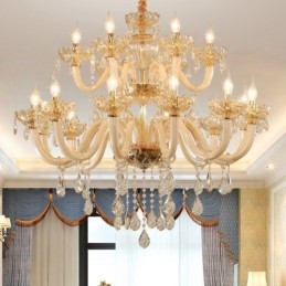 Lustre de cristal elegante com 18 (12+6) luzes cor champanhe