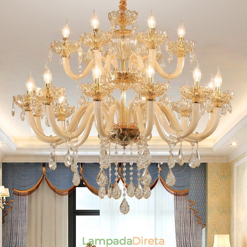 Lustre de cristal elegante com 18 (12+6) luzes cor champanhe