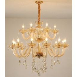 Lustre de cristal elegante com 18 (12+6) luzes cor champanhe