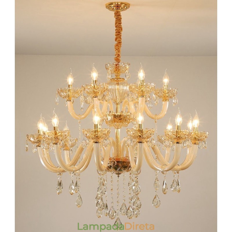 Lustre de cristal elegante com 18 (12+6) luzes cor champanhe