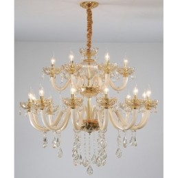 Lustre de cristal elegante com 18 (12+6) luzes cor champanhe