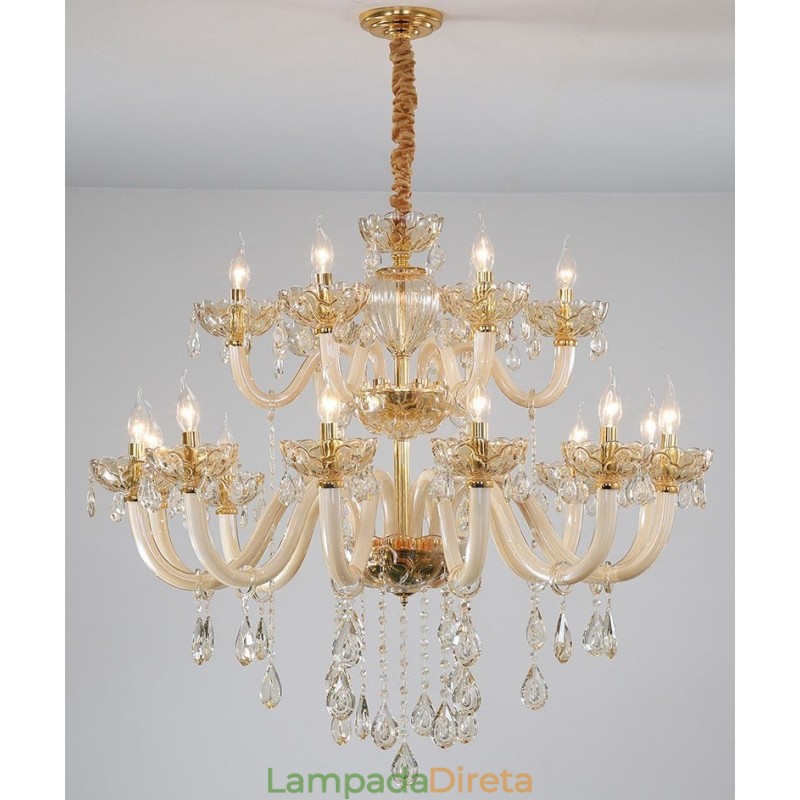Lustre de cristal elegante com 18 (12+6) luzes cor champanhe