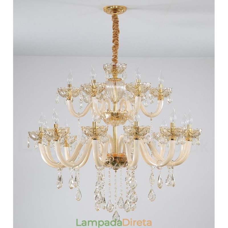 Lustre de cristal elegante com 18 (12+6) luzes cor champanhe