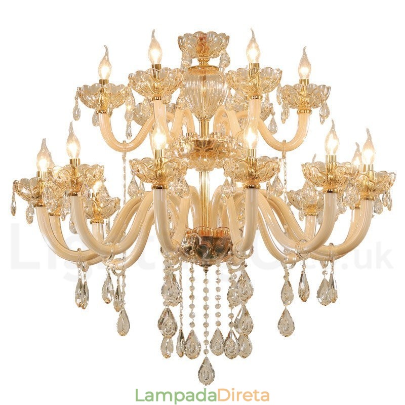 Lustre de cristal elegante com 18 (12+6) luzes cor champanhe