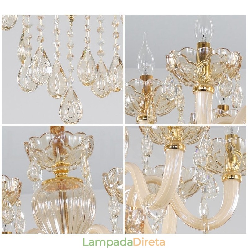 Lustre de cristal elegante com 18 (12+6) luzes cor champanhe