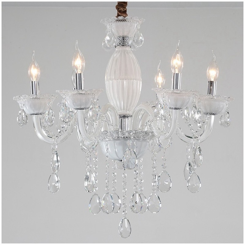 Lustre de vela branca de 6 luzes com cristal