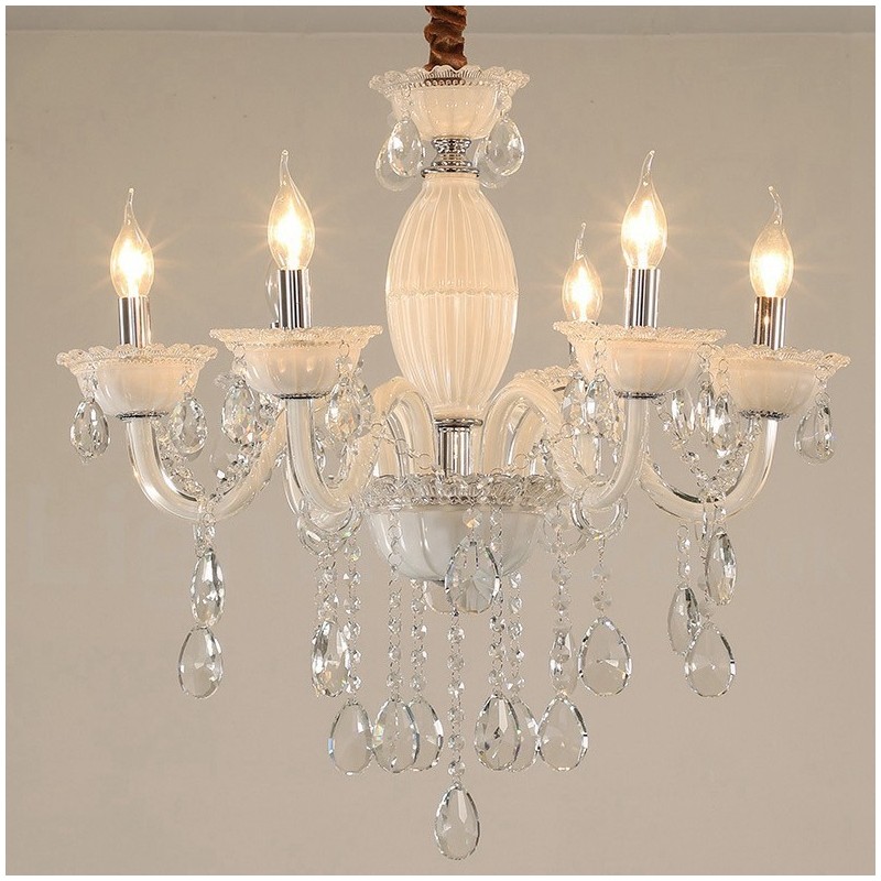 Lustre de vela branca de 6 luzes com cristal