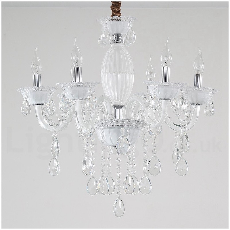 Lustre de vela branca de 6 luzes com cristal