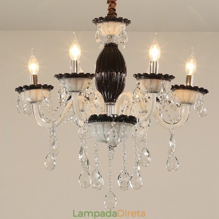 Lustre de vela preta de 6 luzes com cristal Lustre de vela preta de 6 luzes com cristal
