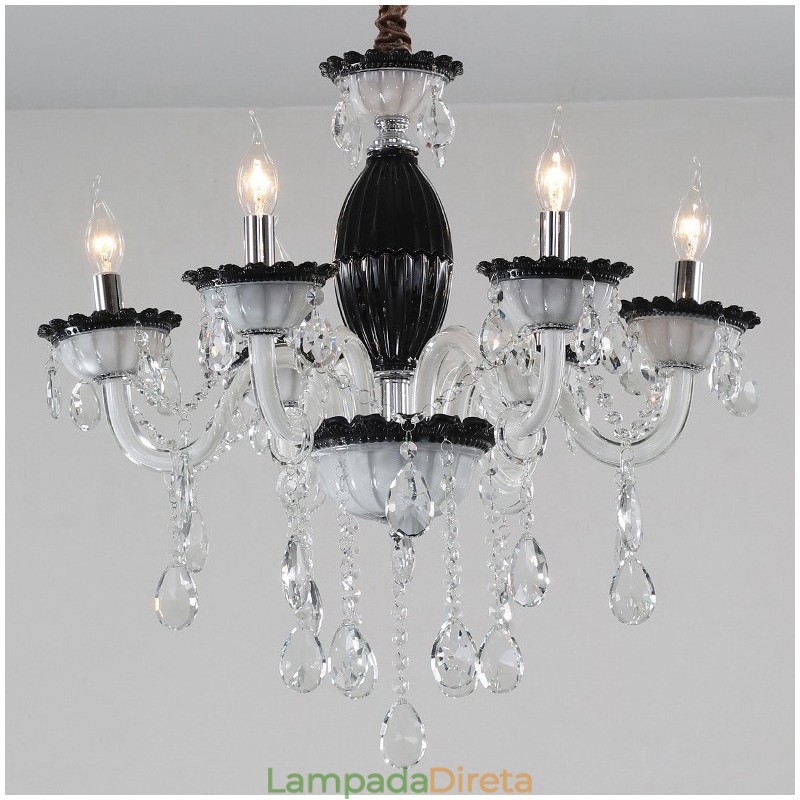 Lustre de vela preta de 6 luzes com cristal