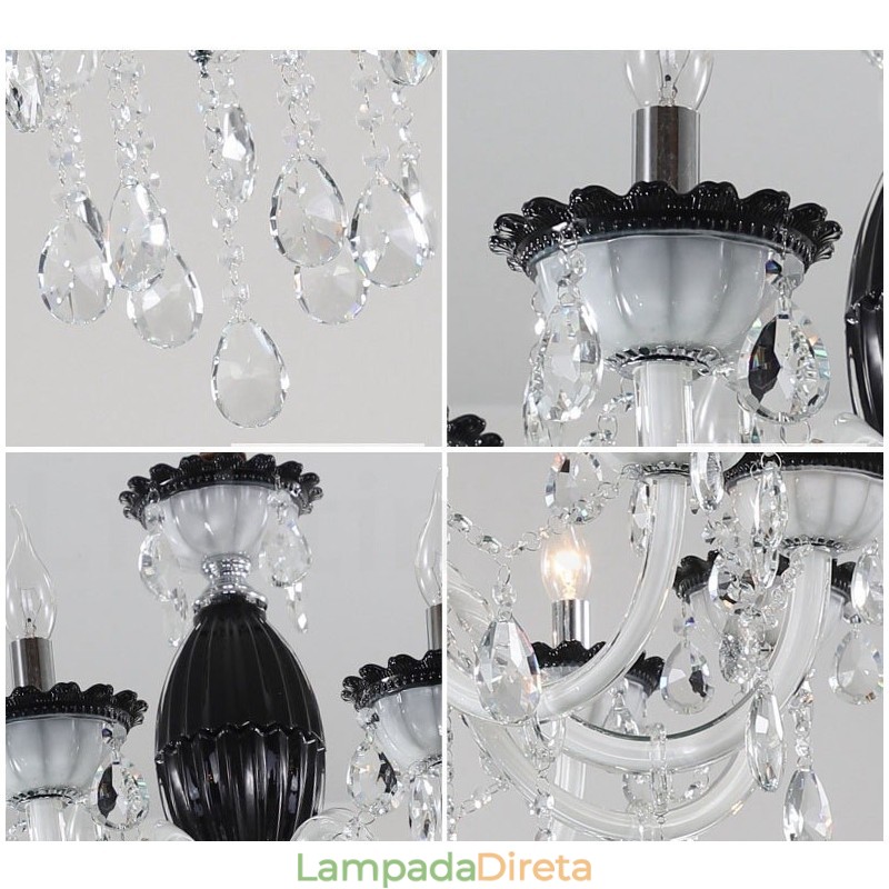 Lustre de vela preta de 6 luzes com cristal