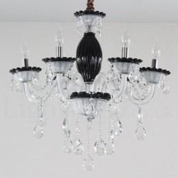 Lustre de vela preta de 6 luzes com cristal