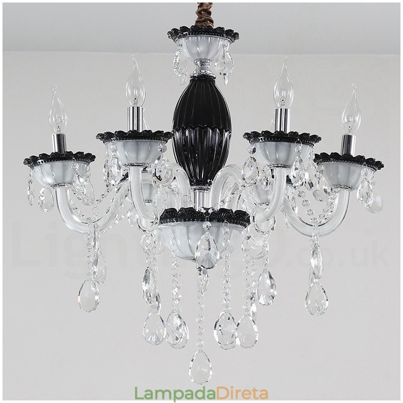 Lustre de vela preta de 6 luzes com cristal
