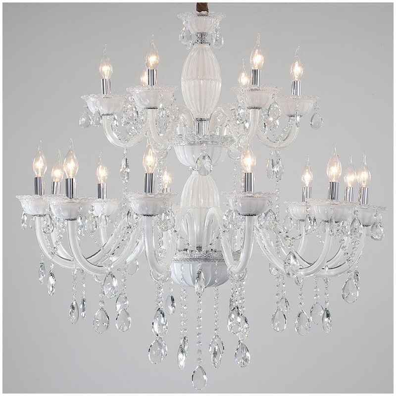 Lustre de vela elegante branco de 18 (12+6) luzes com cristal