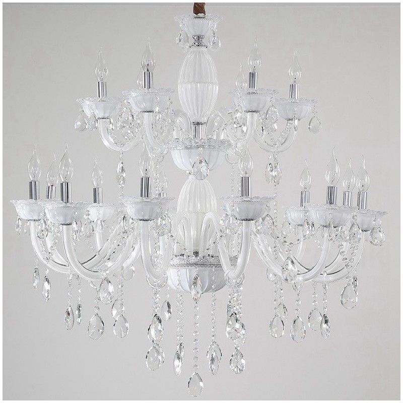 Lustre de vela elegante branco de 18 (12+6) luzes com cristal