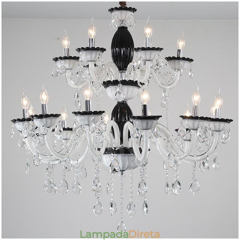 Lustre de vela elegante preto de 18 (12+6) luzes com cristal