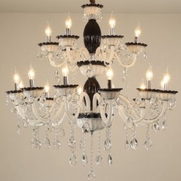 Lustre de vela elegante preto de 18 (12+6) luzes com cristal