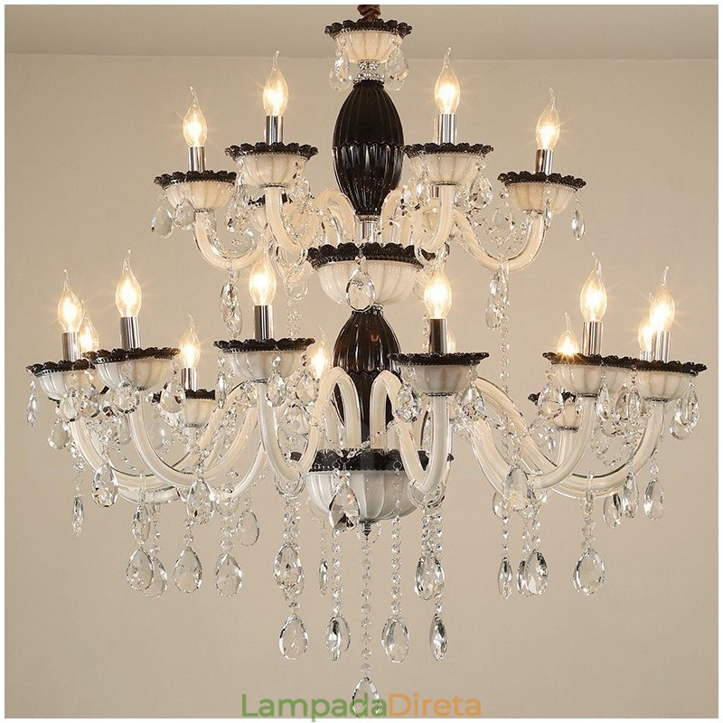Lustre de vela elegante preto de 18 (12+6) luzes com cristal