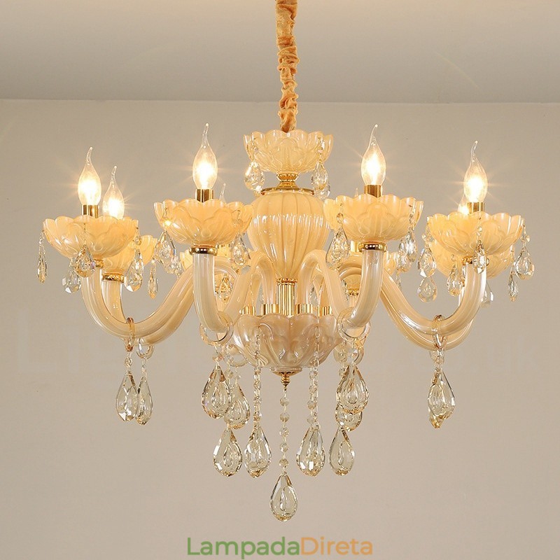 Lustre de cristal champanhe luxuoso com 8 luzes