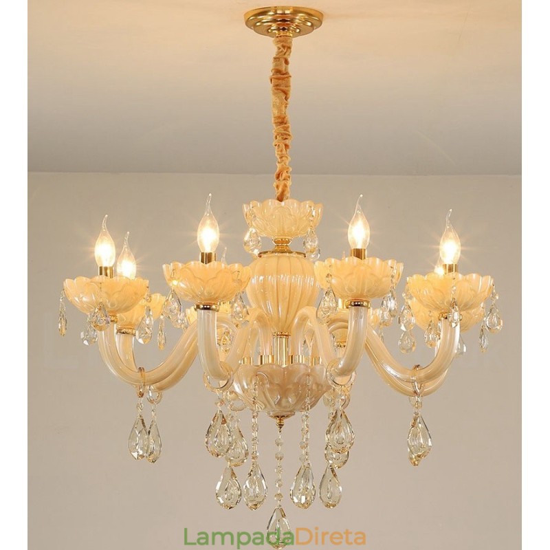 Lustre de cristal champanhe luxuoso com 8 luzes