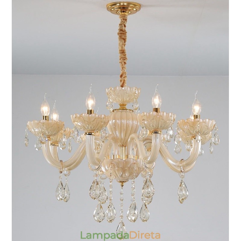 Lustre de cristal champanhe luxuoso com 8 luzes