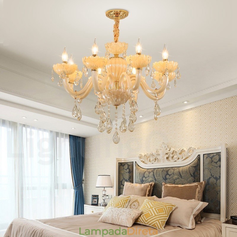 Lustre de cristal champanhe luxuoso com 8 luzes